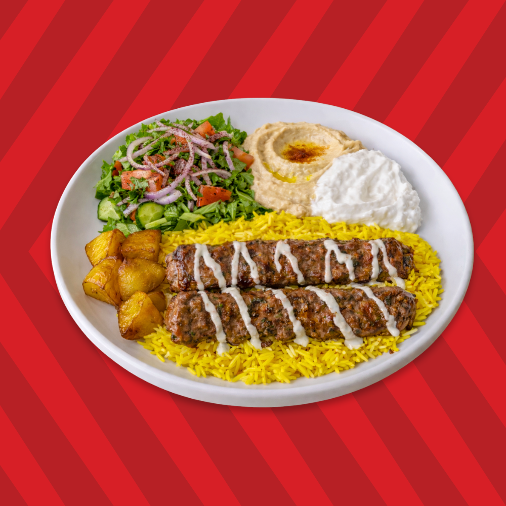 Beef kefta kebab plate with rice, salad and sauce – Basha Bites